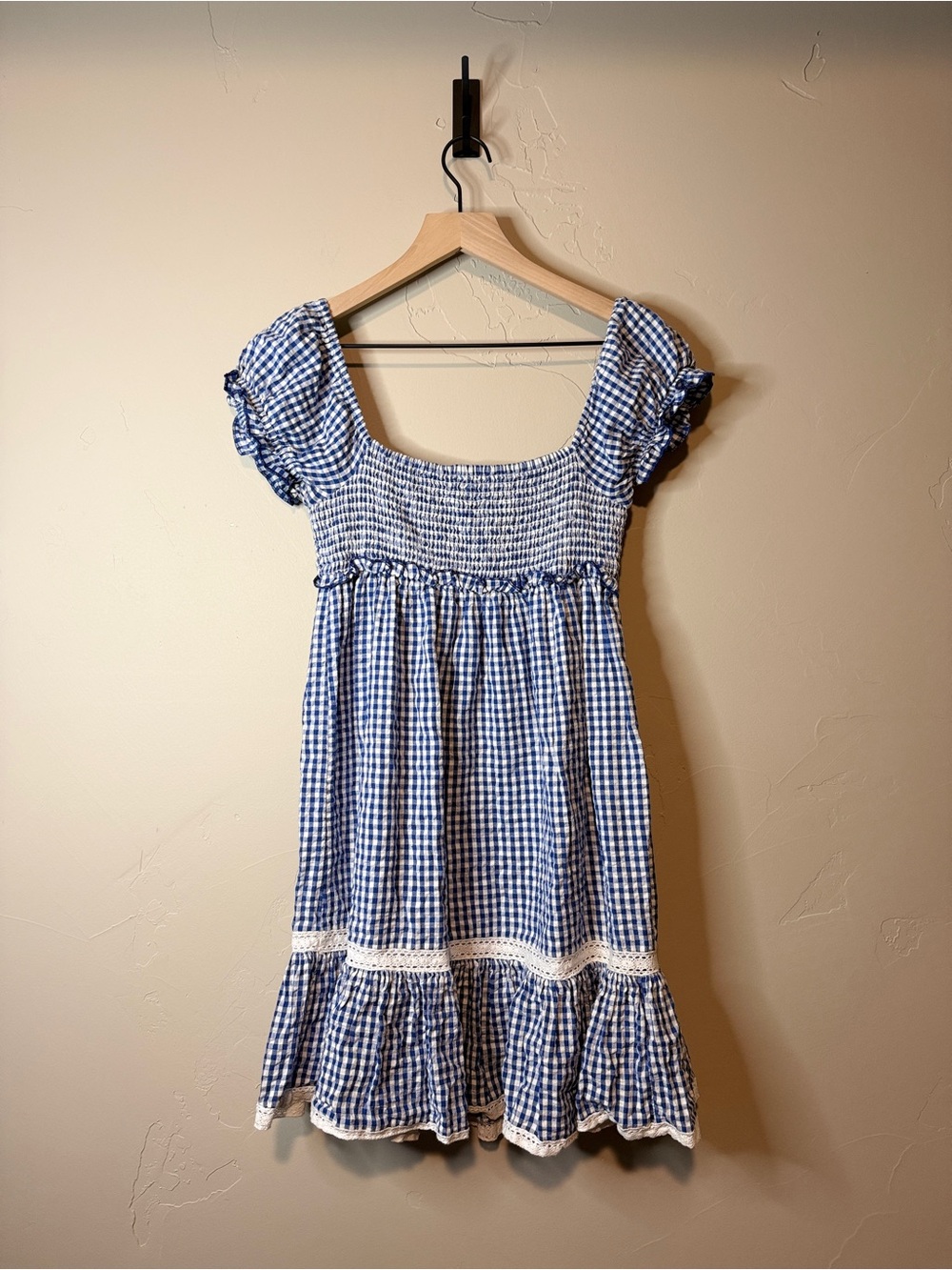 Urban Outfitters Gingham Mini Dress XS Blue White Puff Sleeve Dress - Picture 3 of 4